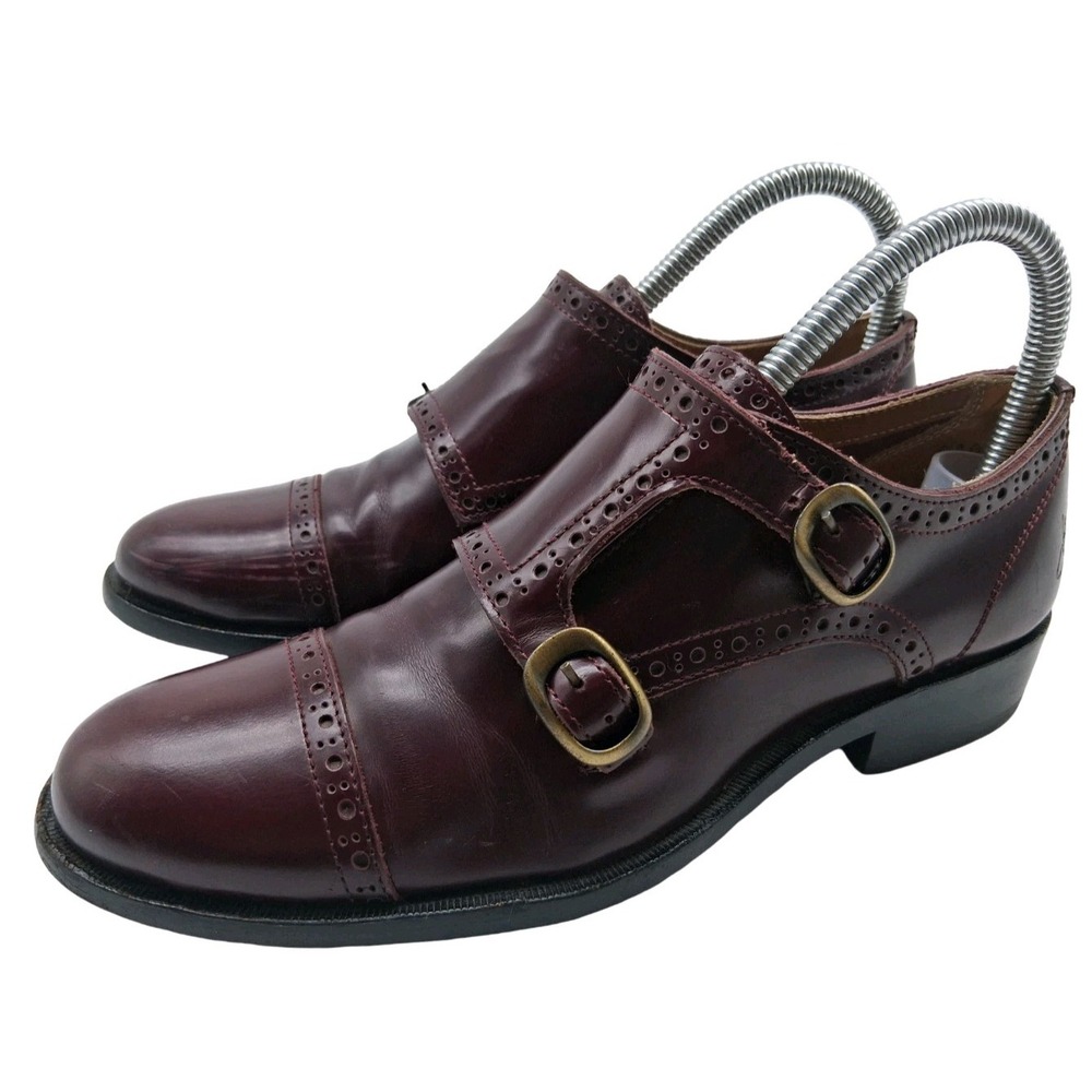 John Fluevog Shoes Mens 6 Burgundy Leather Double Monk Strap Dress Cap Toe